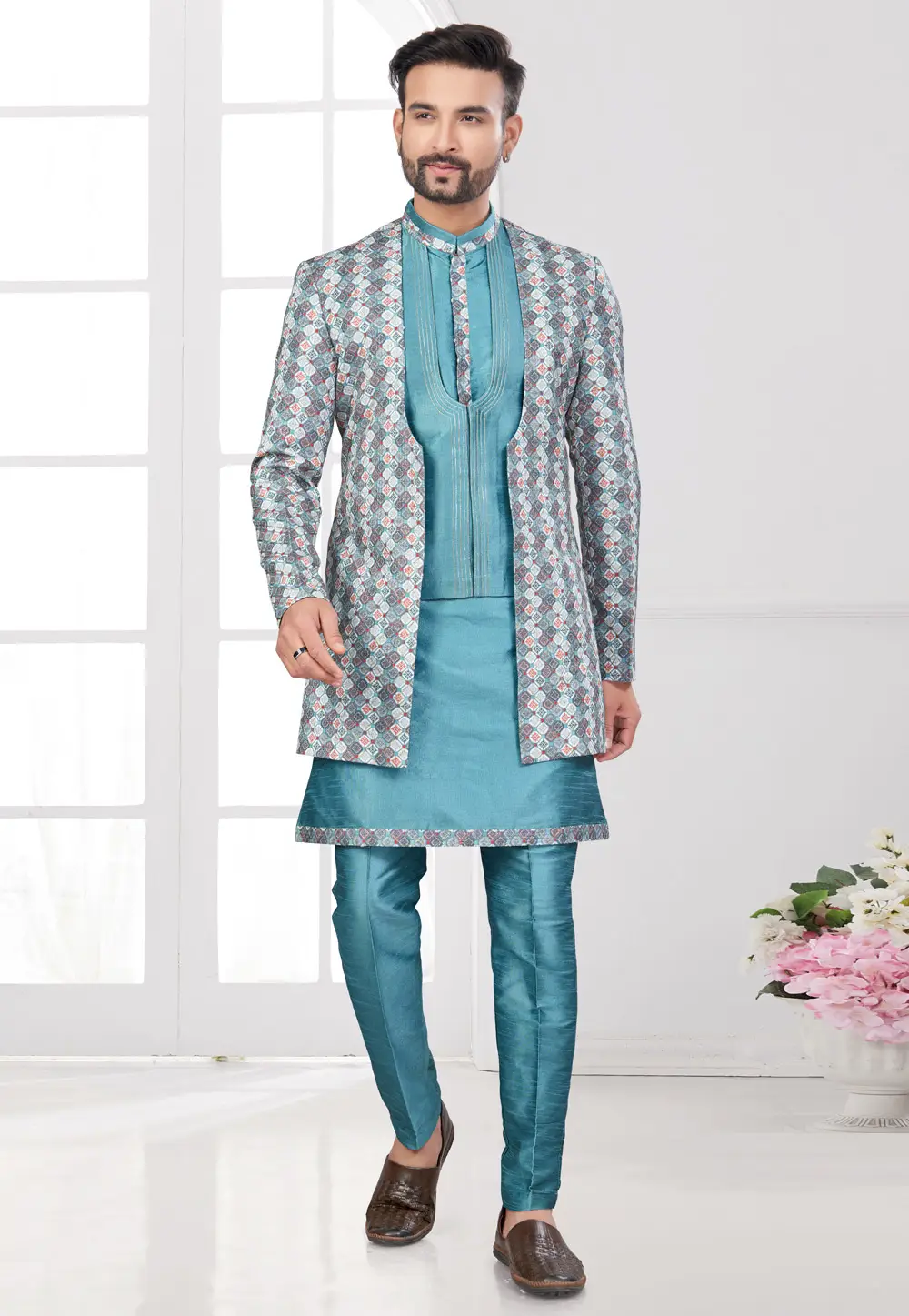 Sky Blue Banarasi Silk Indo Western Suit 295620