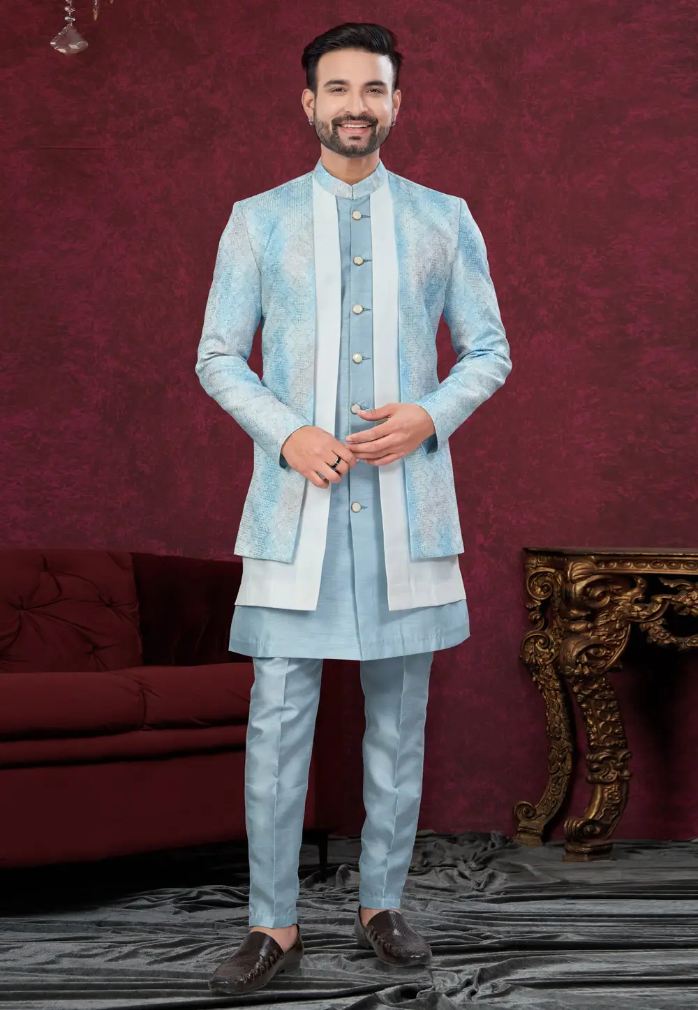 Sky Blue Banarasi Silk Indo Western Suit 295629