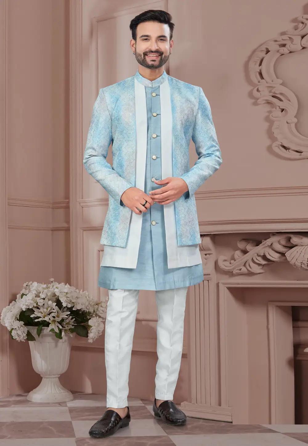 Sky Blue Banarasi Silk Indo Western Suit 295649