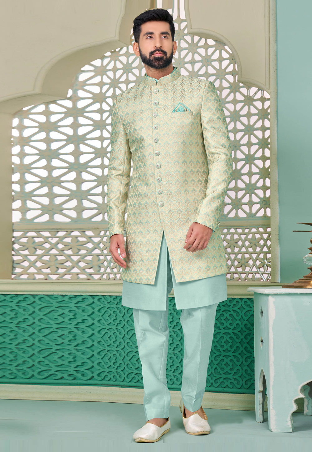 Sky Blue Banarasi Silk Jacket Style Sherwani 285357