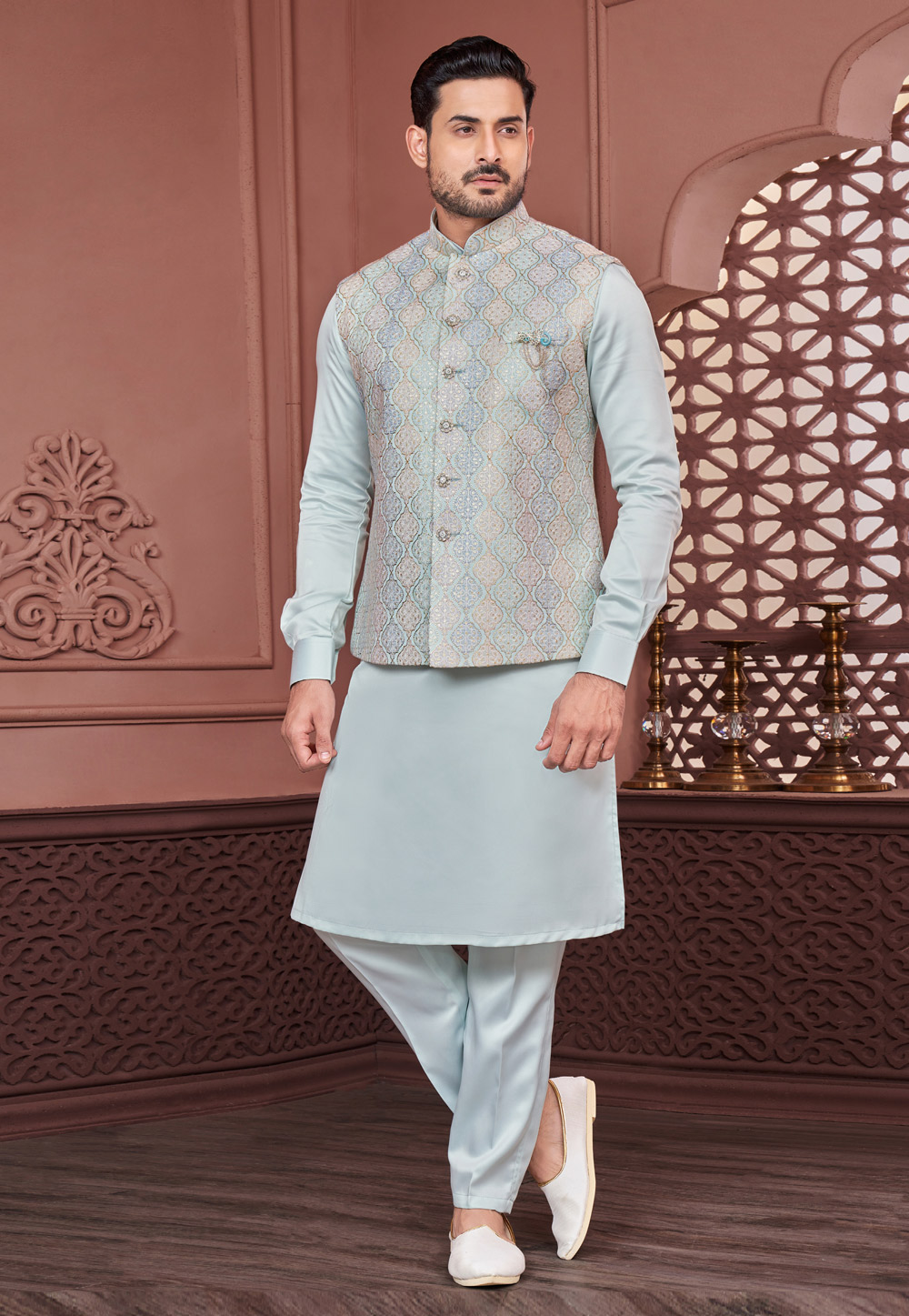 Sky Blue Banarasi Silk Kurta Pajama With Jacket 278261