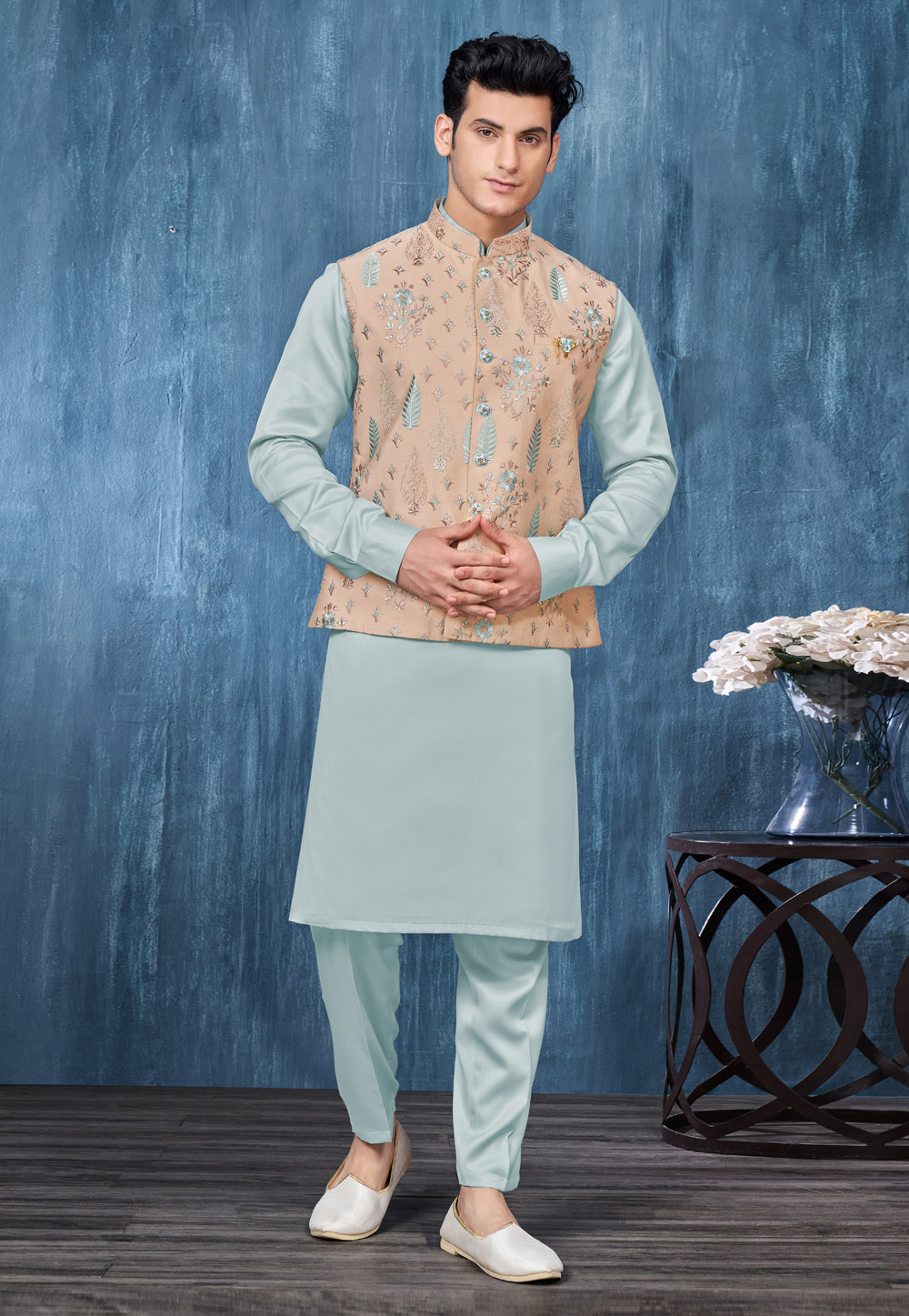 Sky Blue Banarasi Silk Jacket with Kurta And Pajama for men online India  Color Blue SizeKurta 42 Combination Options Kurta + Bottom + Jacket
