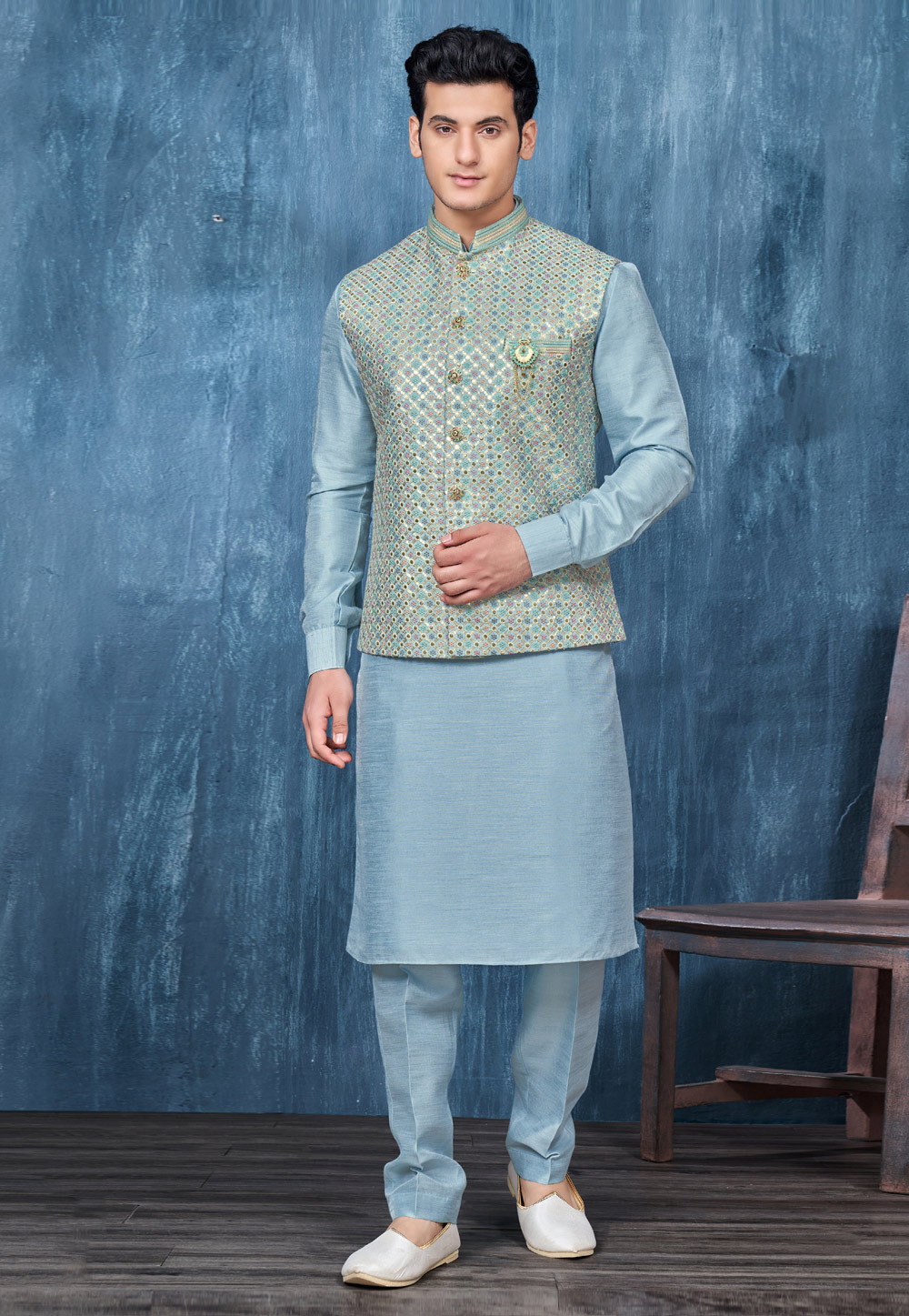 Sky Blue Banarasi Silk Kurta Pajama With Jacket 278276