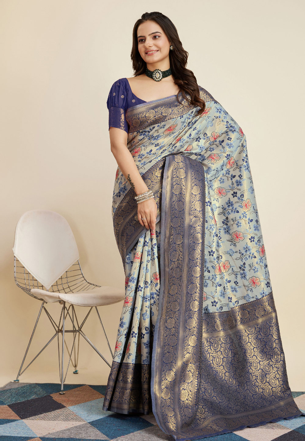 Sky Blue Banarasi Silk Saree With Blouse 280296