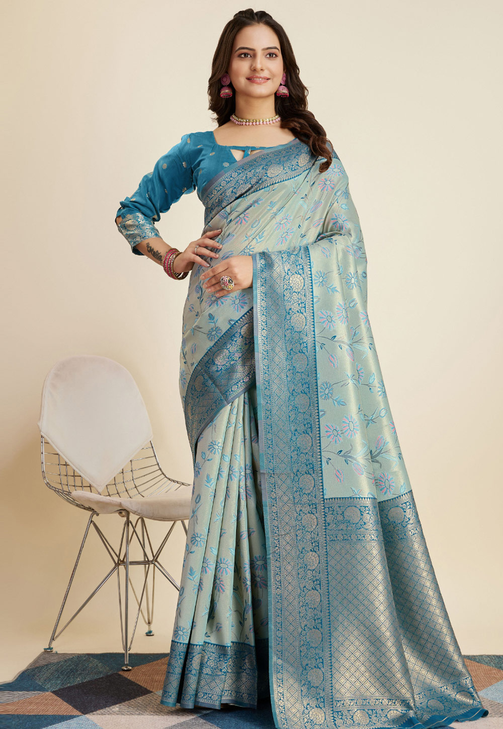 Sky Blue Banarasi Silk Saree With Blouse 280302