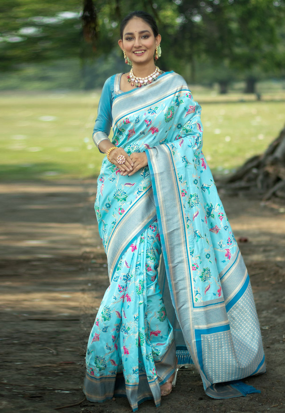 Sky Blue Banarasi Silk Saree With Blouse 285378
