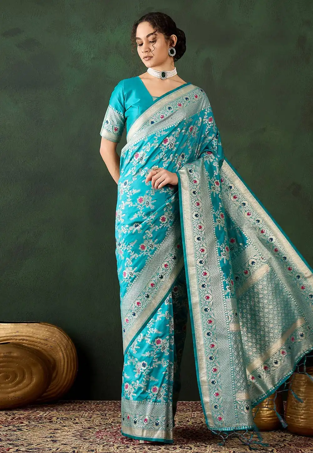 Sky Blue Banarasi Silk Saree With Blouse 294366