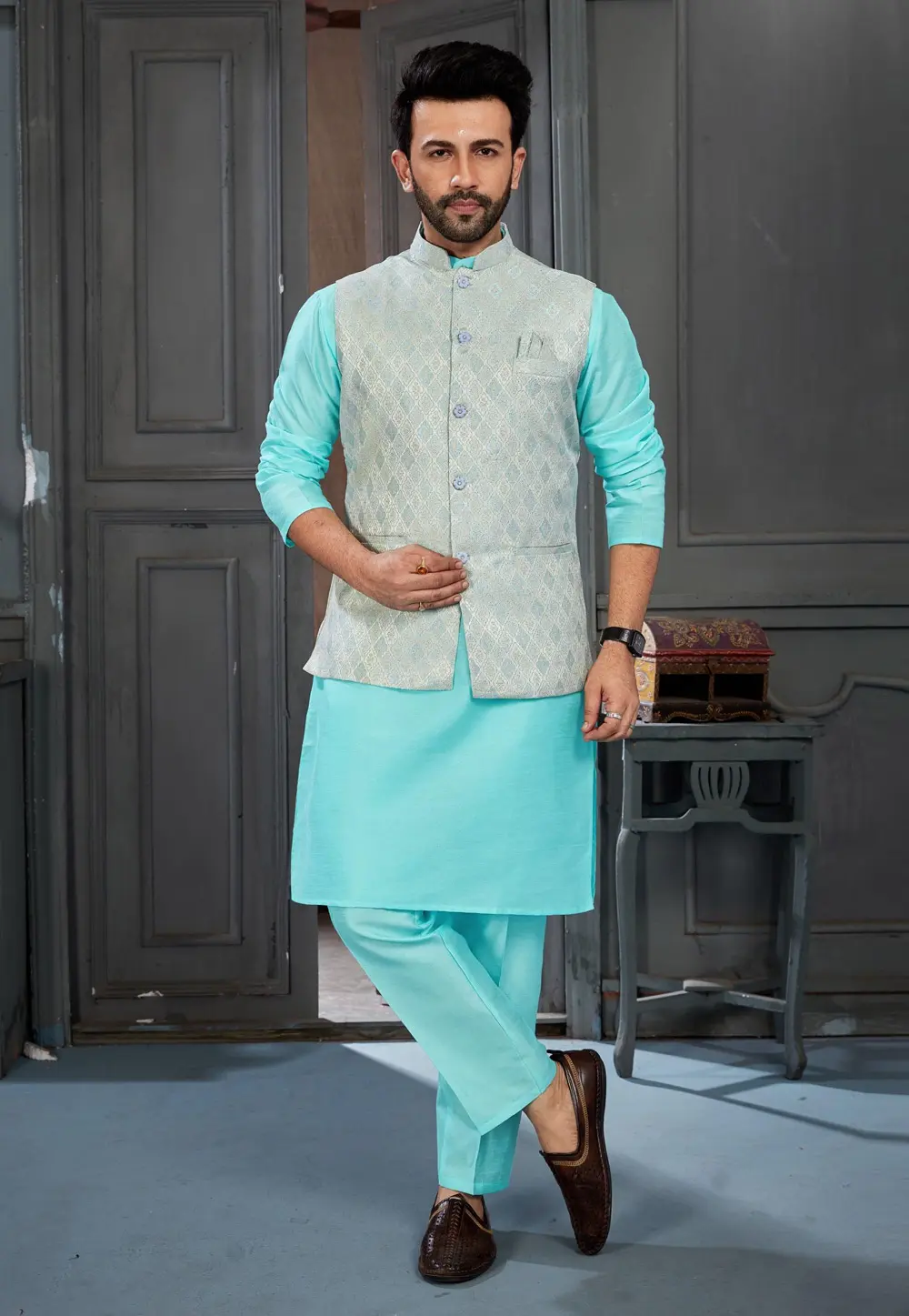 Sky Blue Banglori Silk Kurta Pajama With Jacket 300400