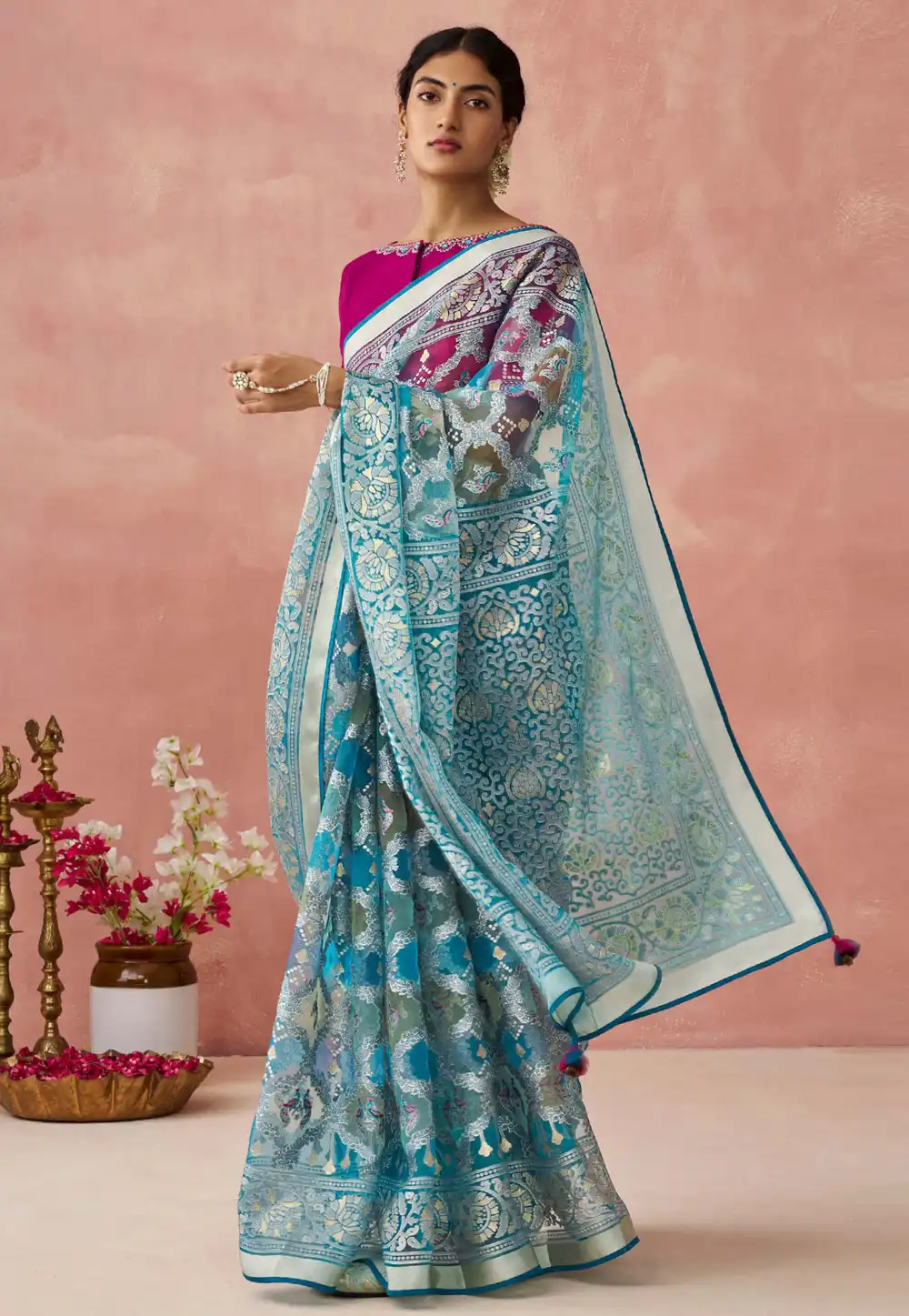 Sky Blue Brasso Saree With Blouse 292008