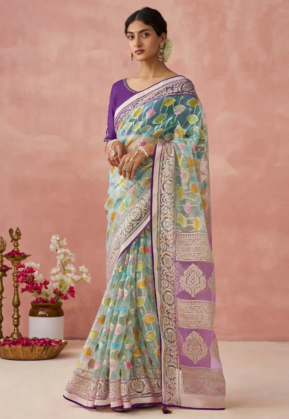 Sky Blue Brasso Saree With Blouse 292011