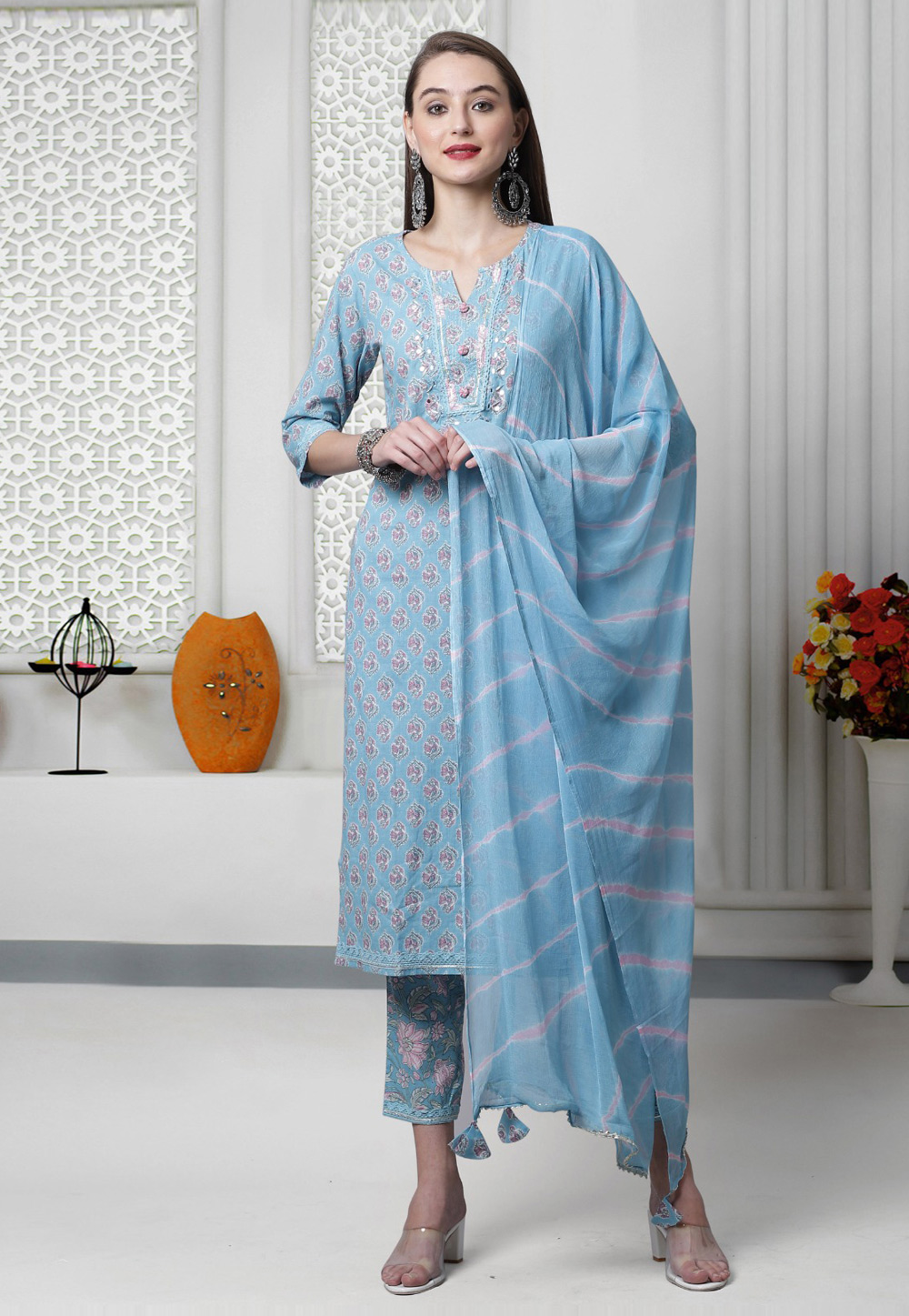 Sky Blue Cambric Cotton Readymade Pakistani Suit 278222