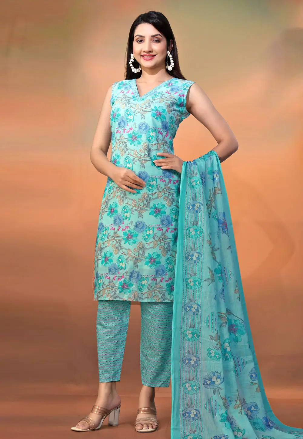 Sky Blue Cambric Cotton Readymade Pant Style Suit 295583