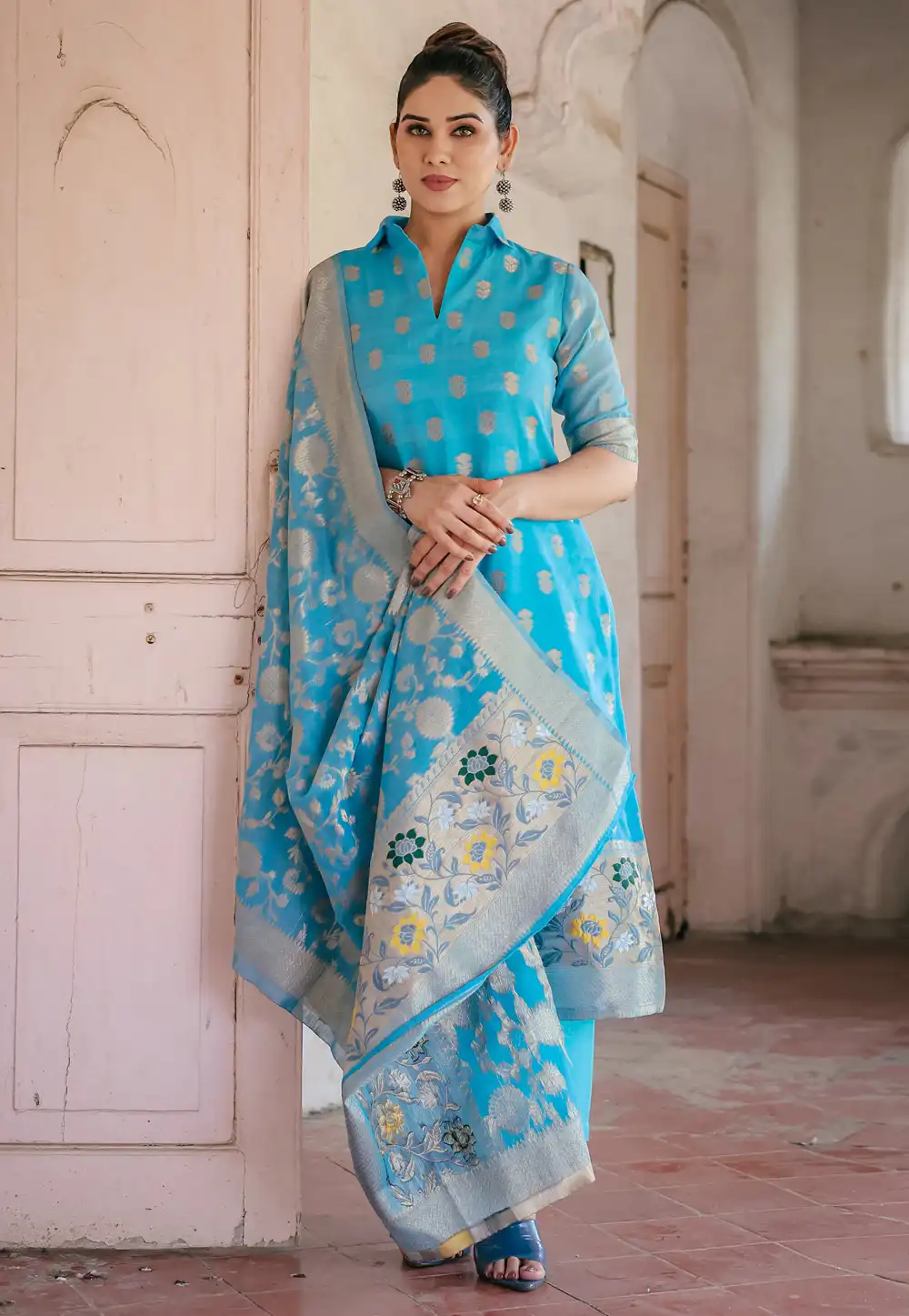 Sky Blue Chanderi Cotton Readymade Pant Style Suit 290769