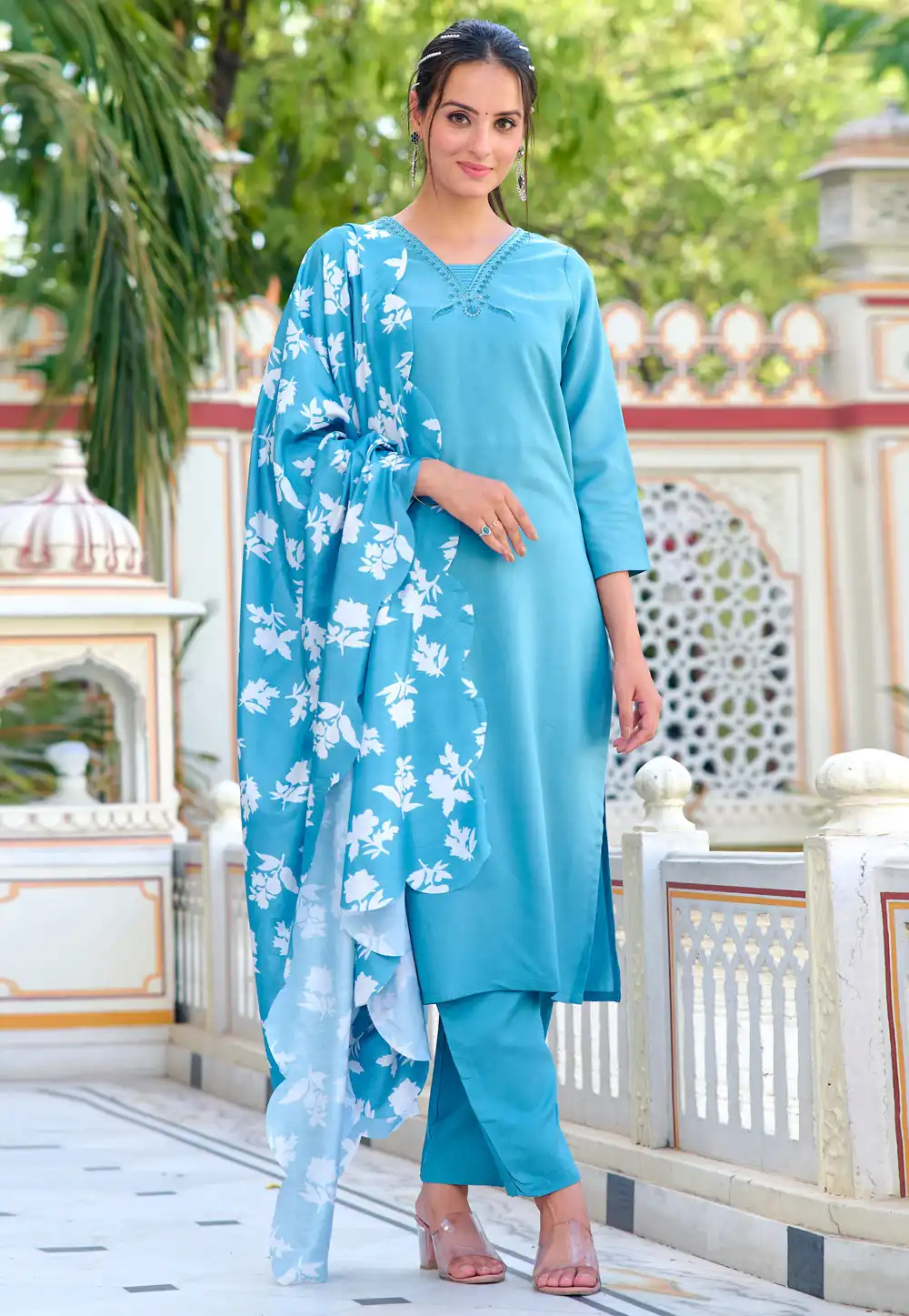 Sky Blue Chanderi Readymade Pakistani Suit 289859