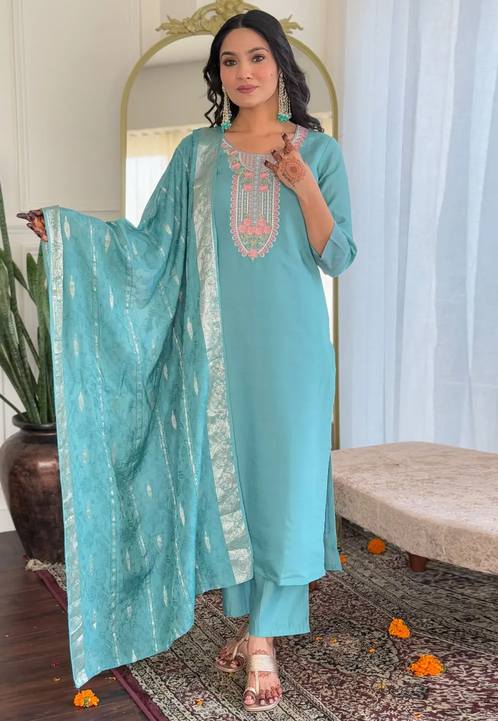 Sky Blue Chanderi Readymade Pakistani Suit 303492