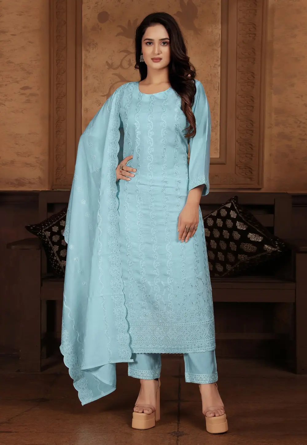 Sky Blue Chanderi Readymade Pant Style Suit 297091