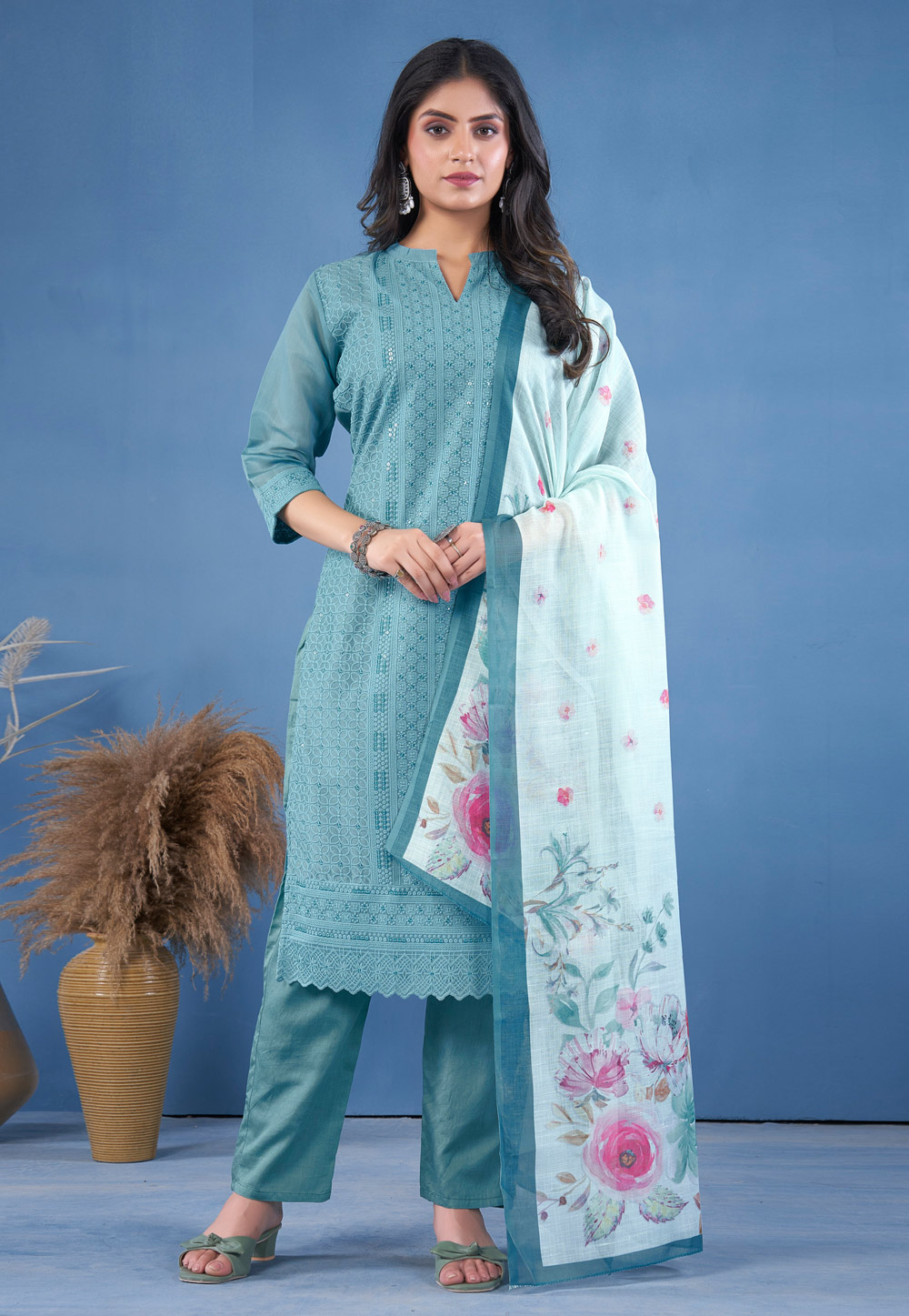 Sky Blue Chanderi Readymade Pant Style Suit 286424