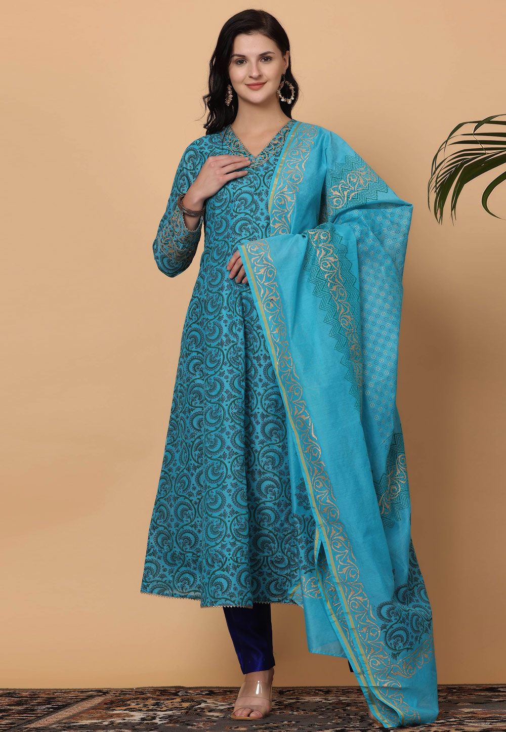 Sky Blue Chanderi Readymade Pant Style Suit 305411