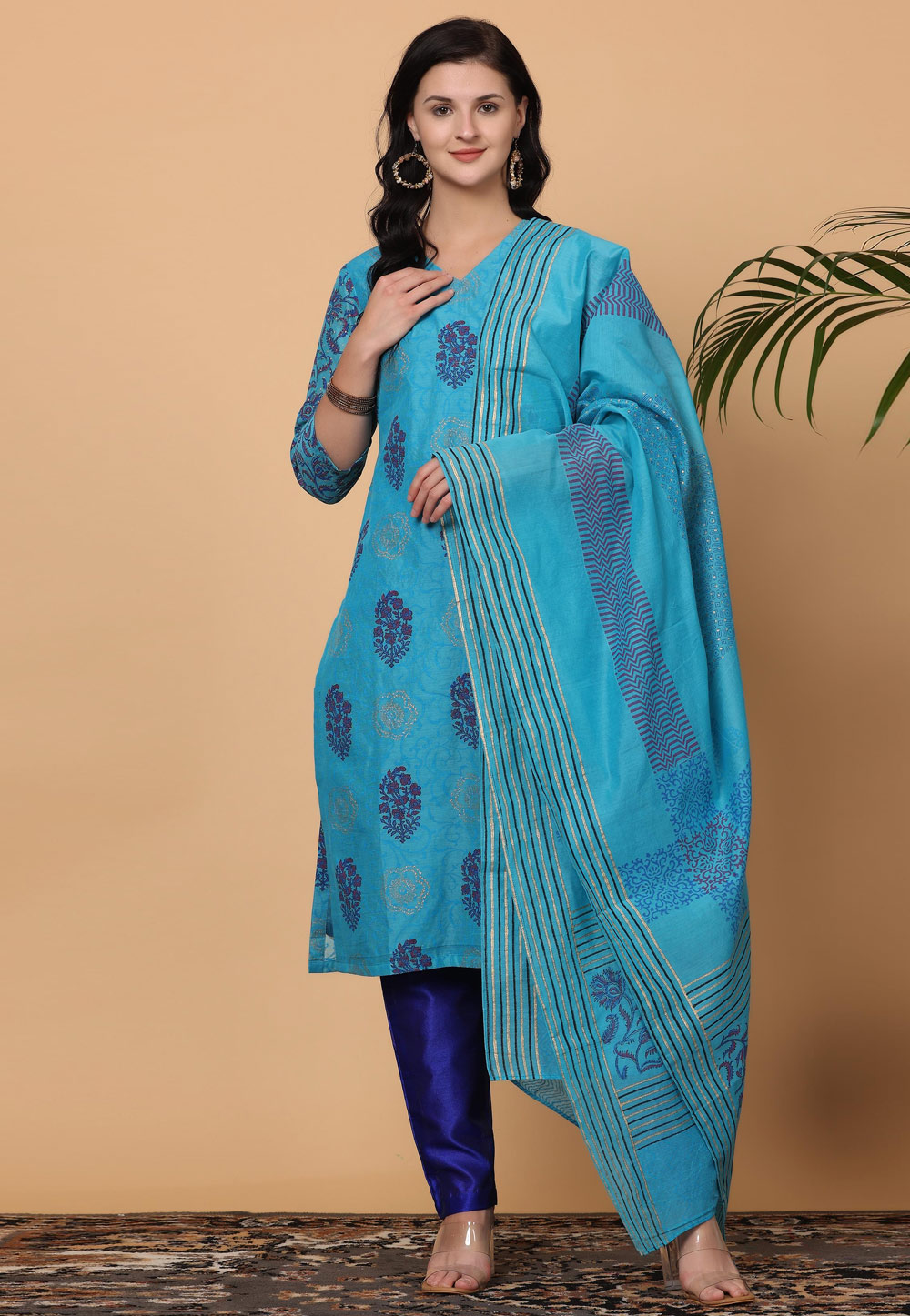 Sky Blue Chanderi Readymade Pant Style Suit 305415