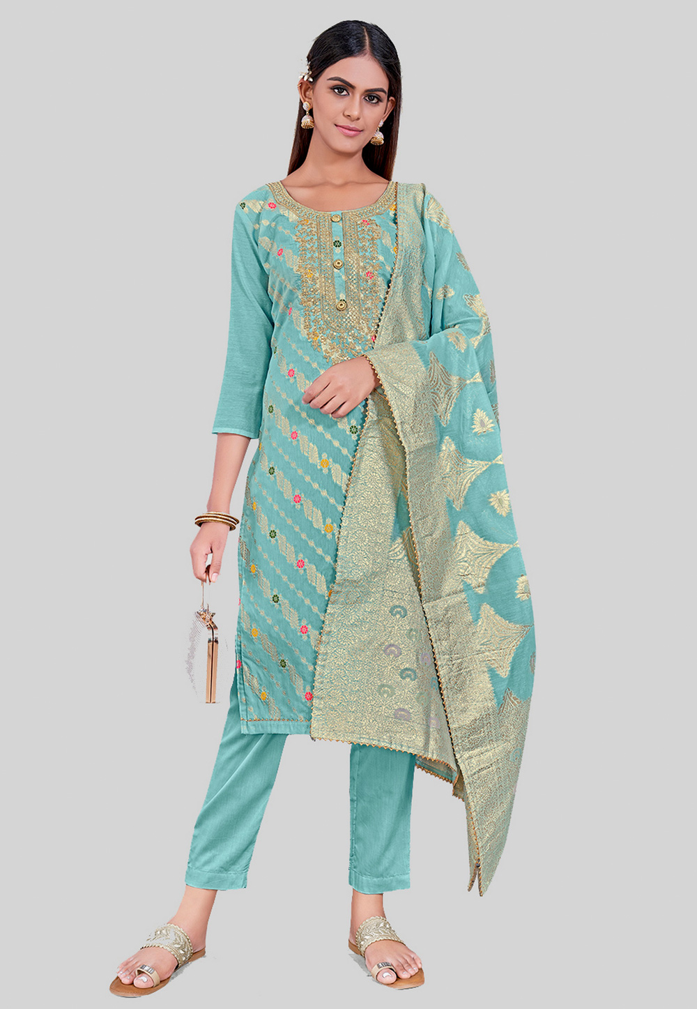Sky Blue Chanderi Silk Pakistani Suit 284460