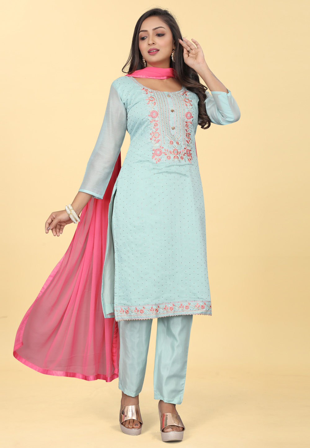 Sky Blue Chanderi Silk Pakistani Suit 284468