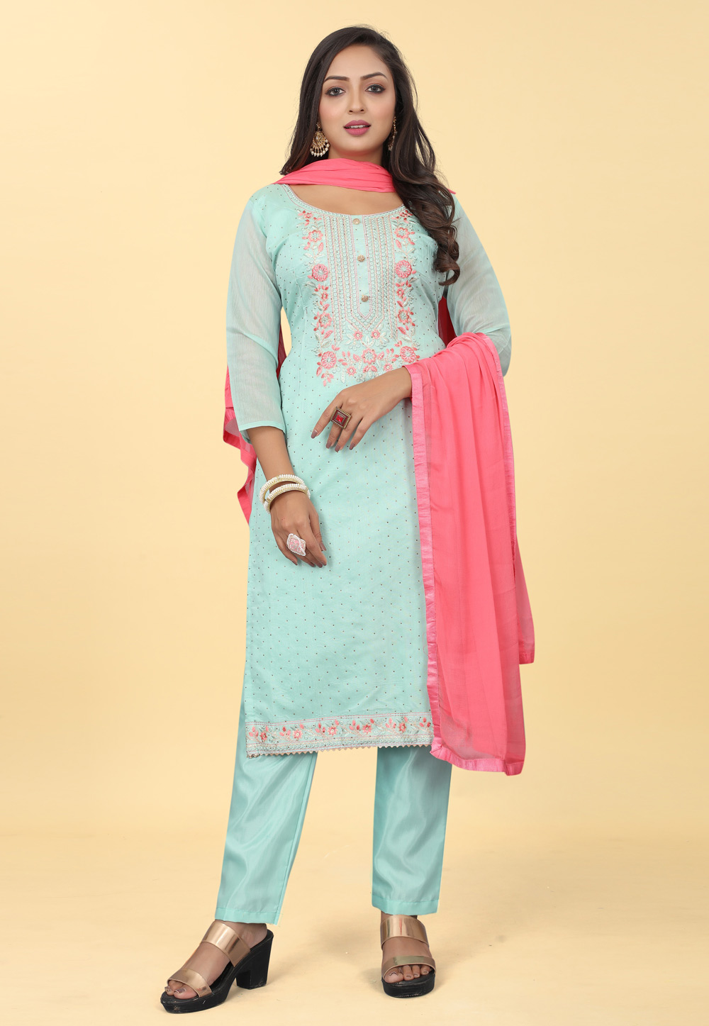 Sky Blue Chanderi Silk Pakistani Suit 284470