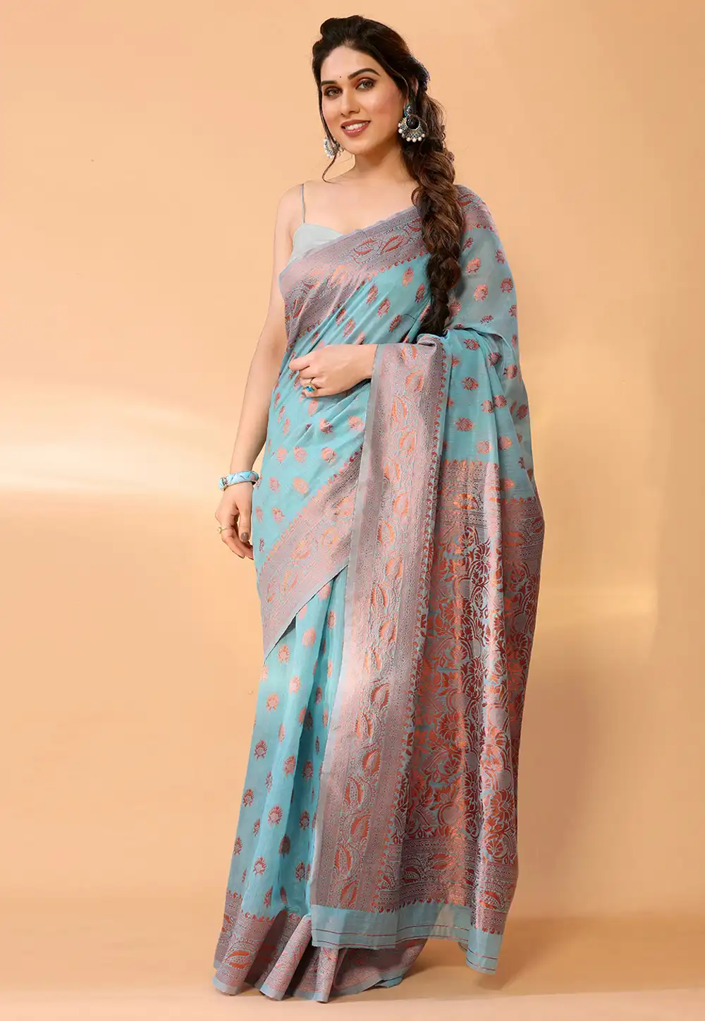 Sky Blue Chanderi Silk Saree With Blouse 291268