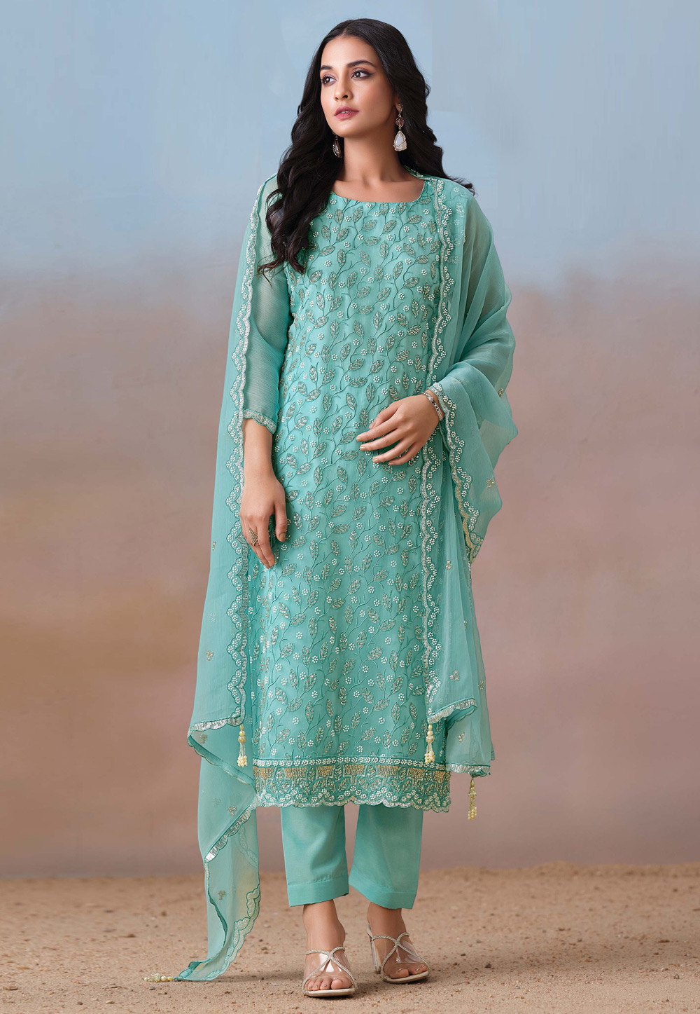 Sky Blue Chiffon Embroidered Pant Style Suit 309330