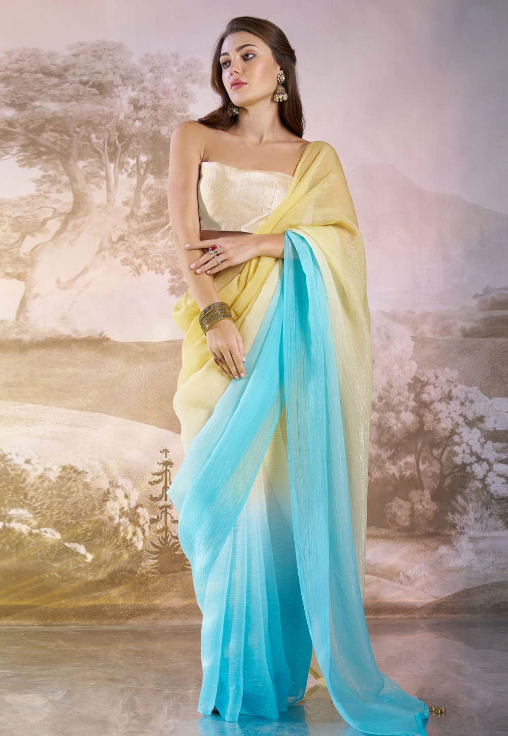 Sky Blue Chiffon Half N Half Saree 305805