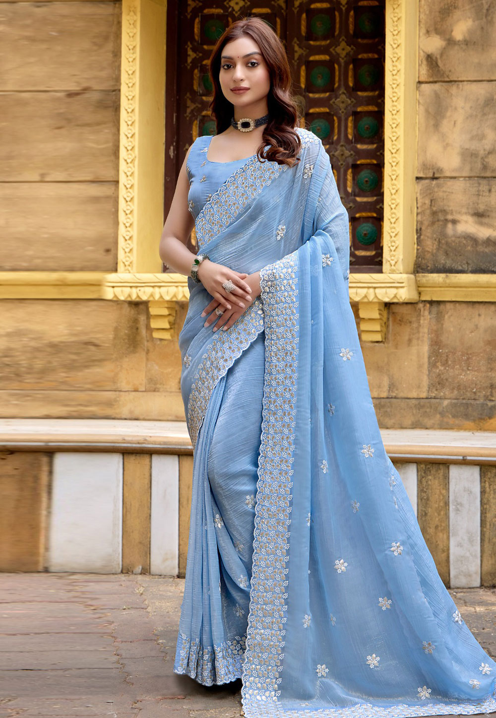 Sky Blue Chiffon Saree With Blouse 305635