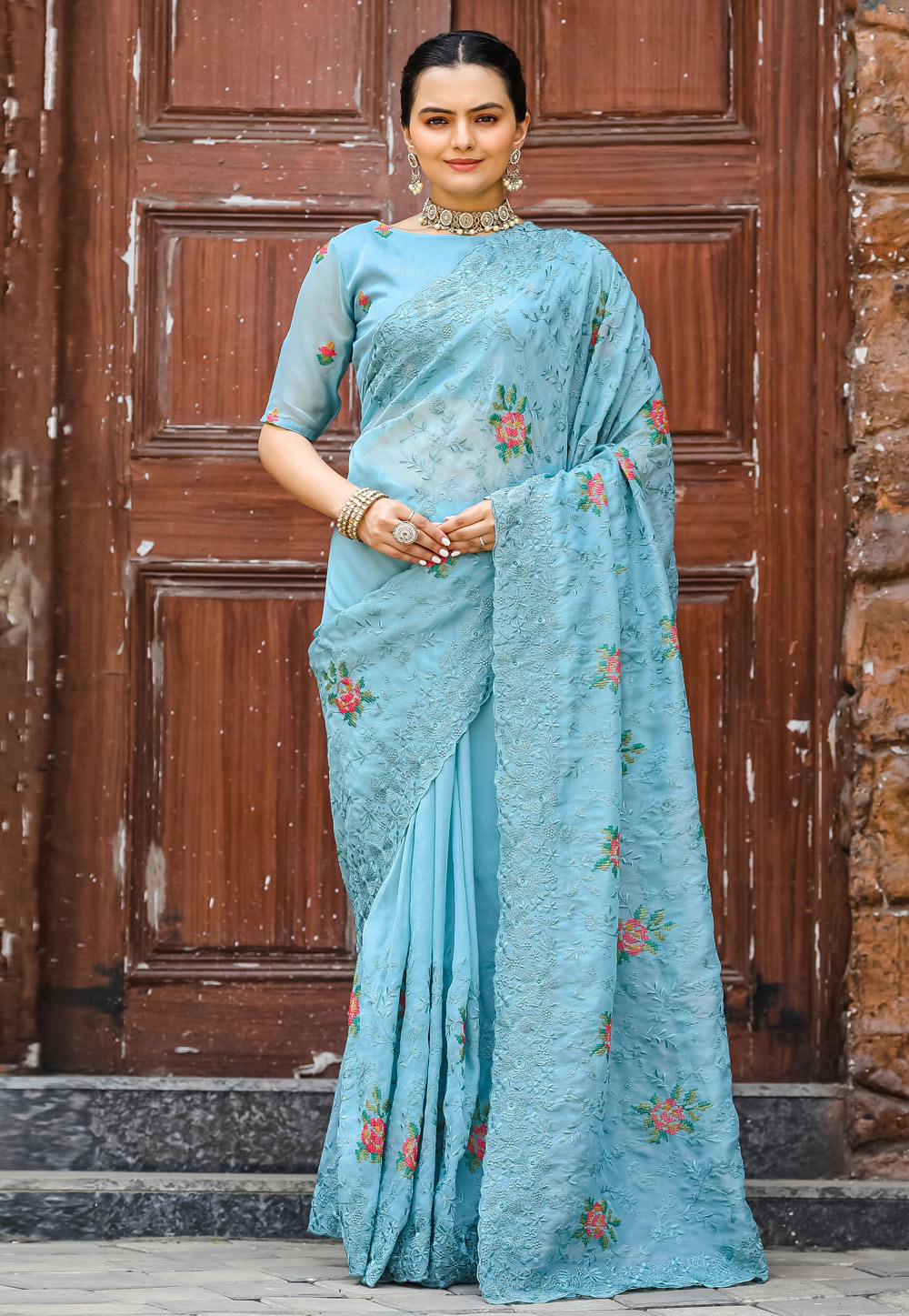 Sky Blue Chiffon Saree With Blouse 287658