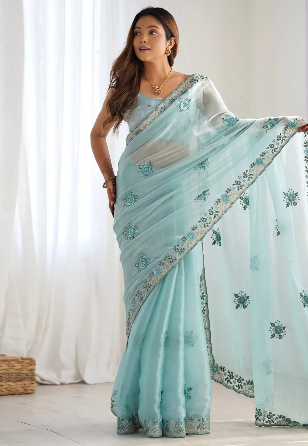 Sky Blue Chiffon Saree With Blouse 298842