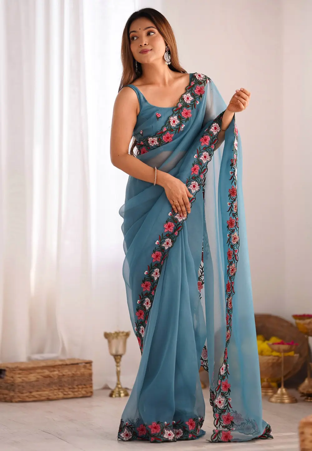 Sky Blue Chiffon Saree With Blouse 298846