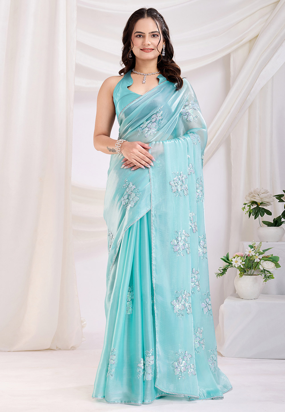 Sky Blue Chiffon Saree With Blouse 305615