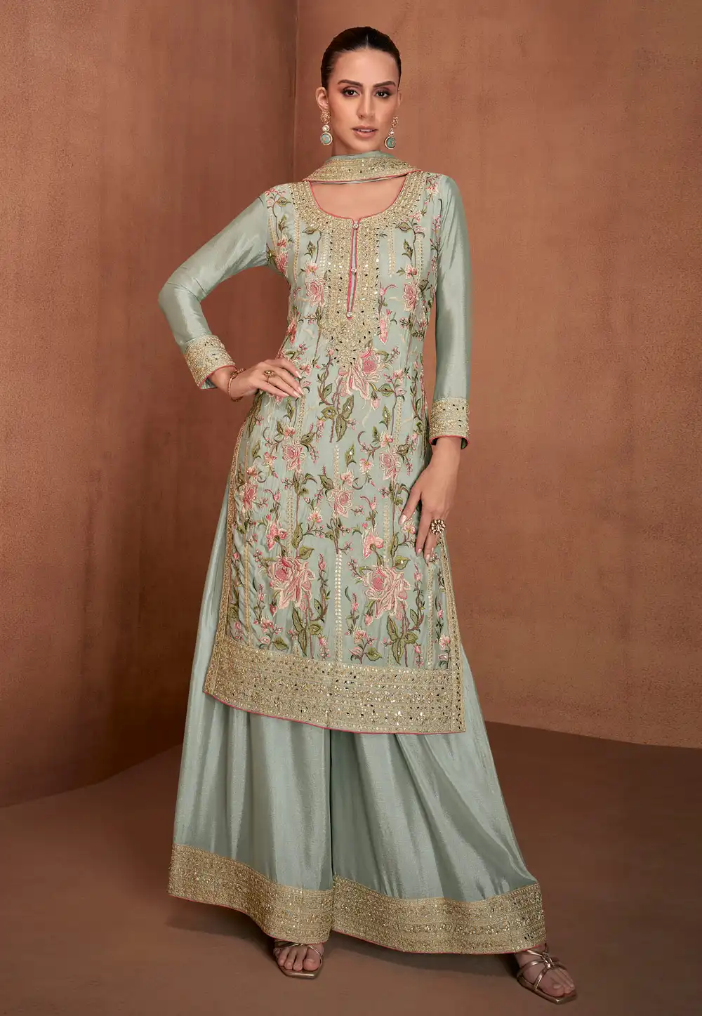 Sky Blue Chinon Embroidered Palazzo Suit 294216