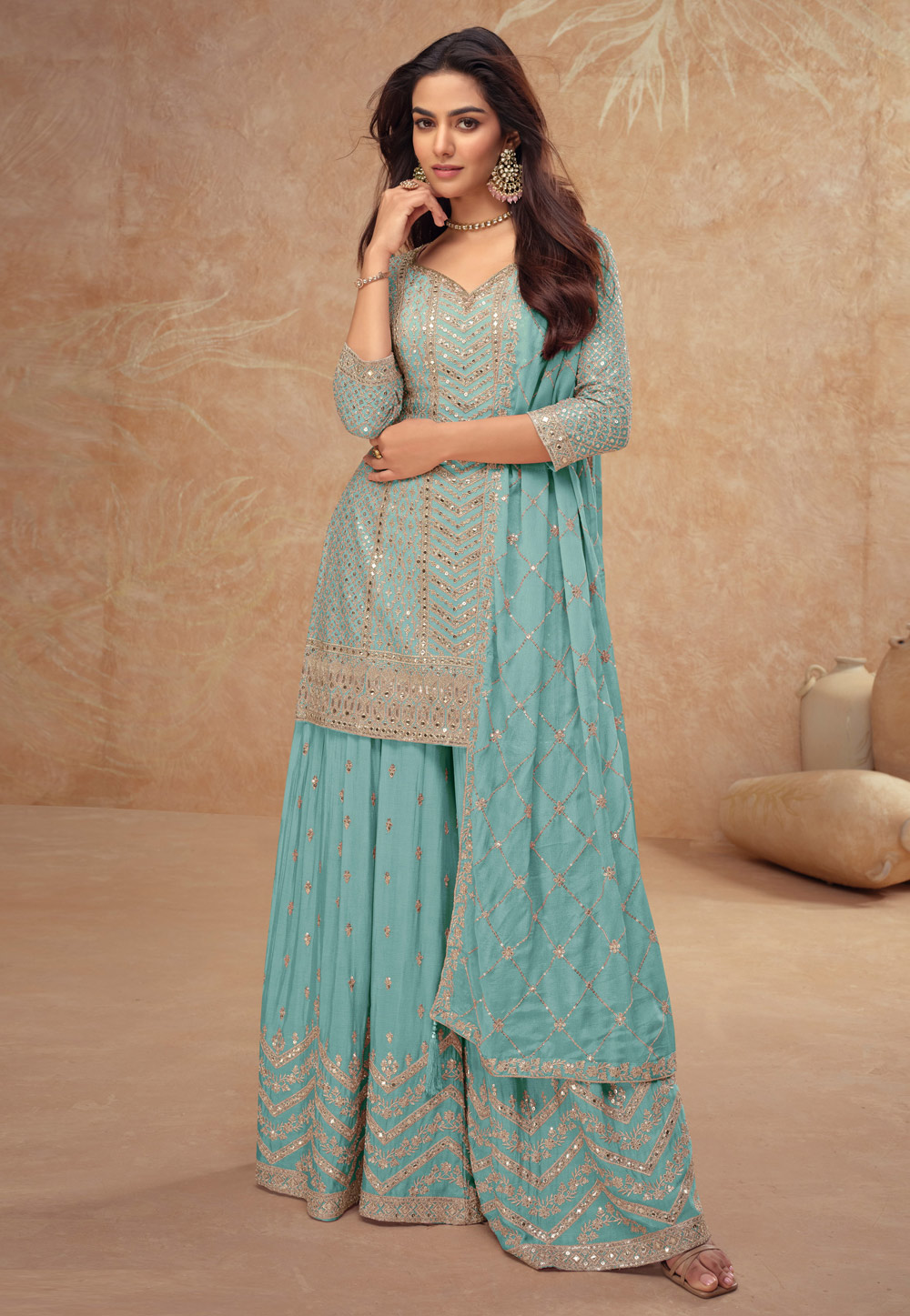 Sky Blue Chinon Embroidered Palazzo Suit 305714