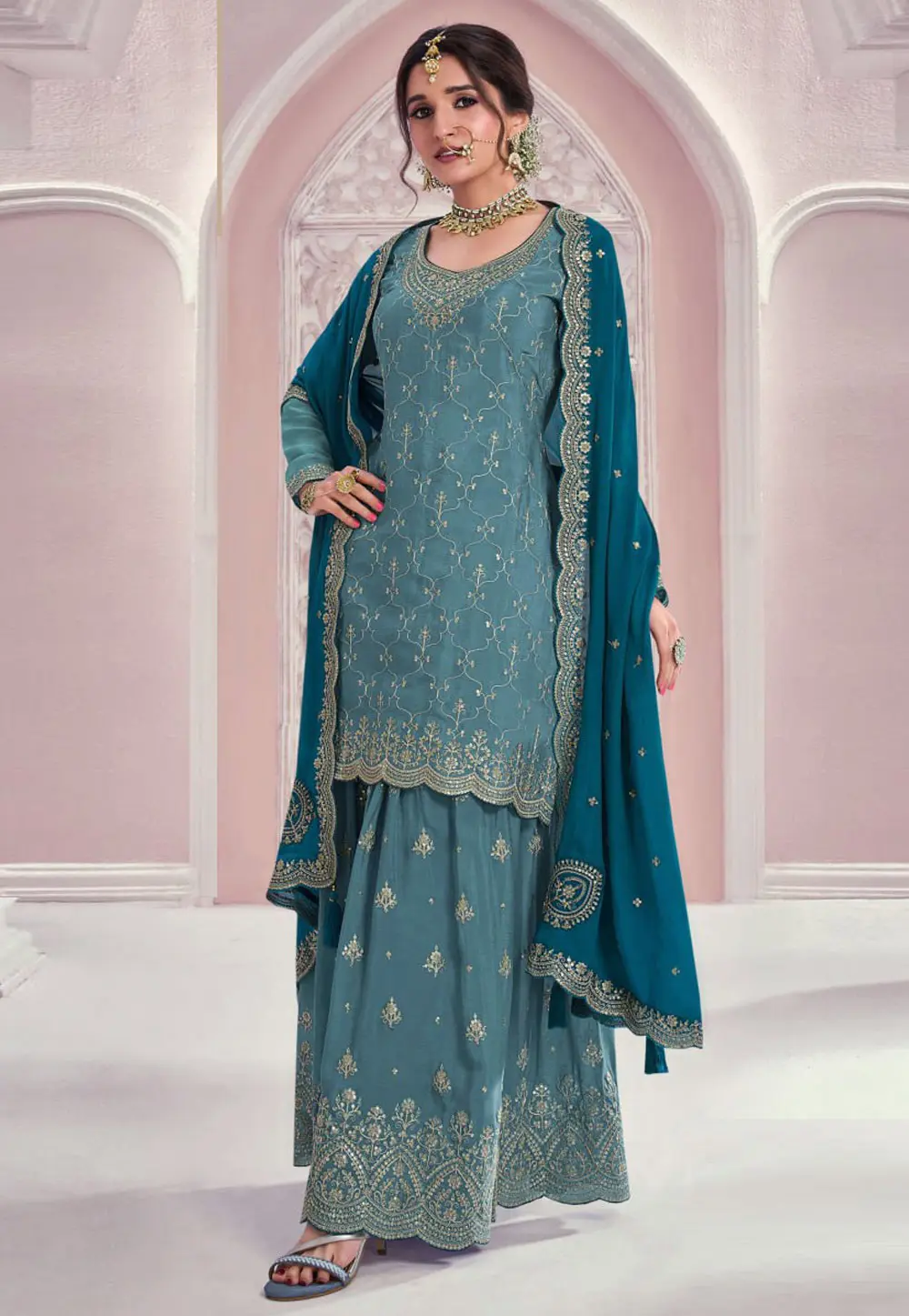 Sky Blue Chinon Pakistani Suit 301772