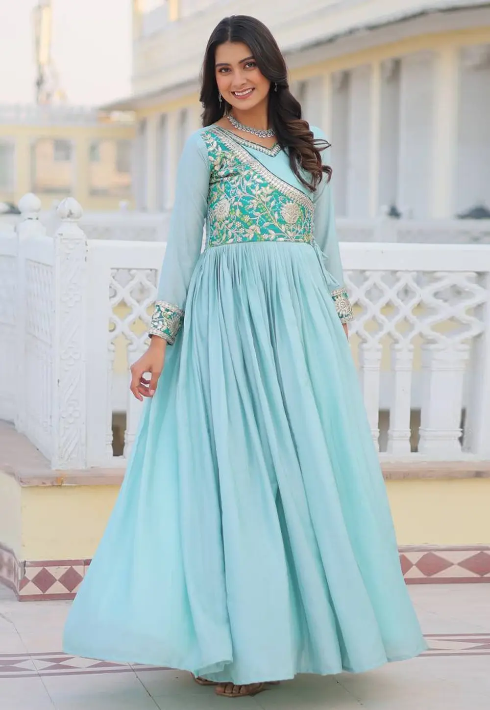 Sky Blue Chinon Readymade Anarkali Suit 303190