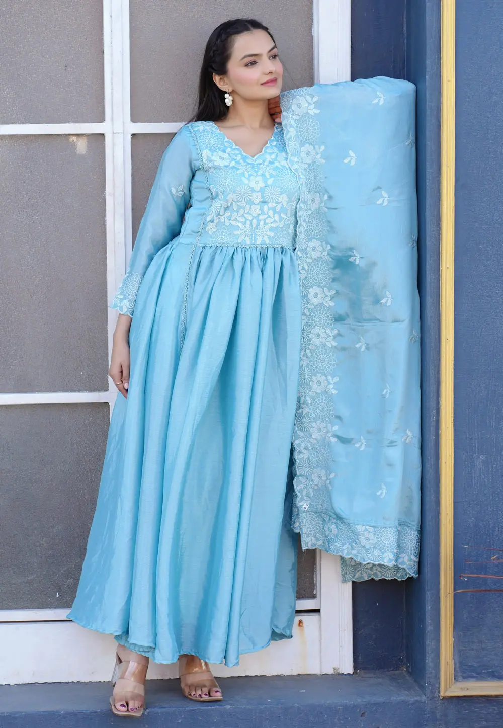 Sky Blue Chinon Readymade Anarkali Suit 304065