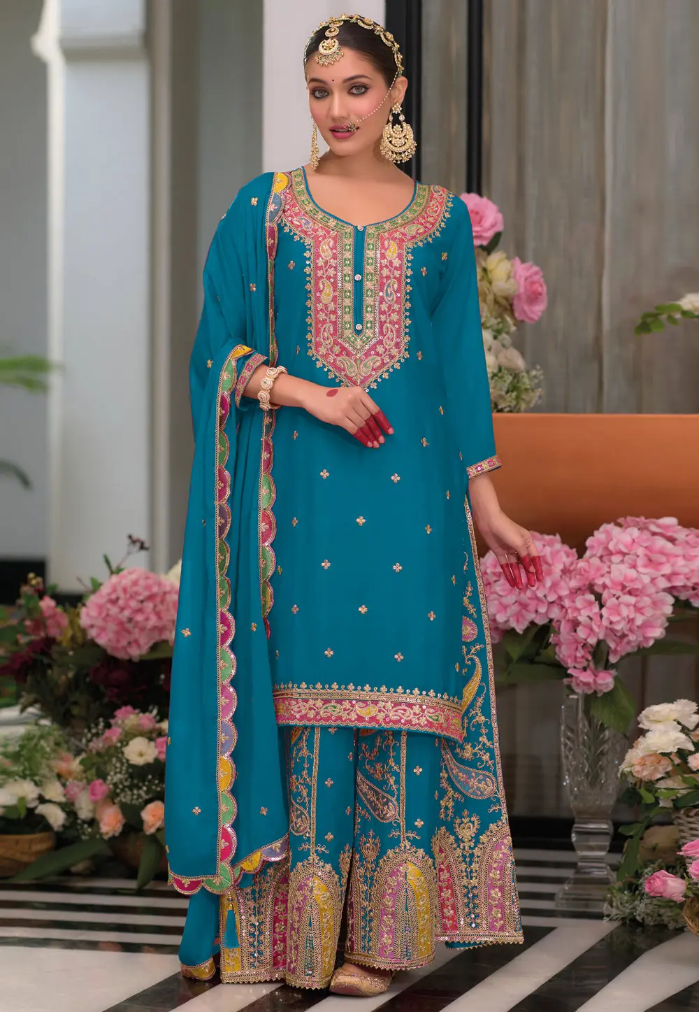 Sky Blue Chinon Readymade Palazzo Suit 299533