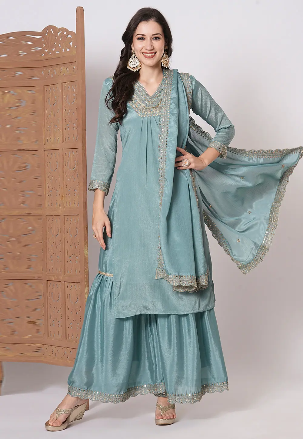 Sky Blue Chinon Readymade Sharara Suit 300344