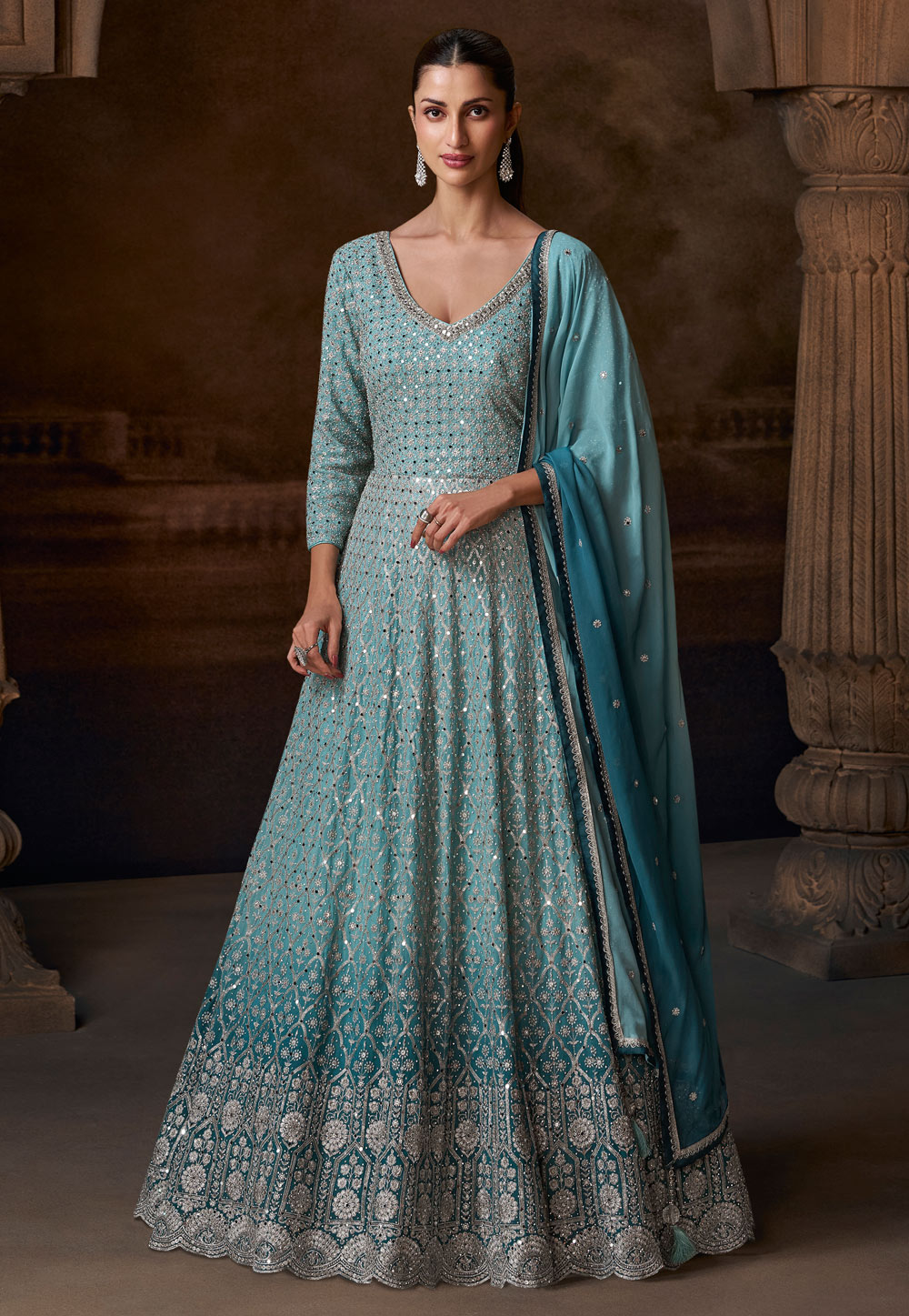 Sky Blue Chinon Silk Embroidered Anarkali Suit 306216