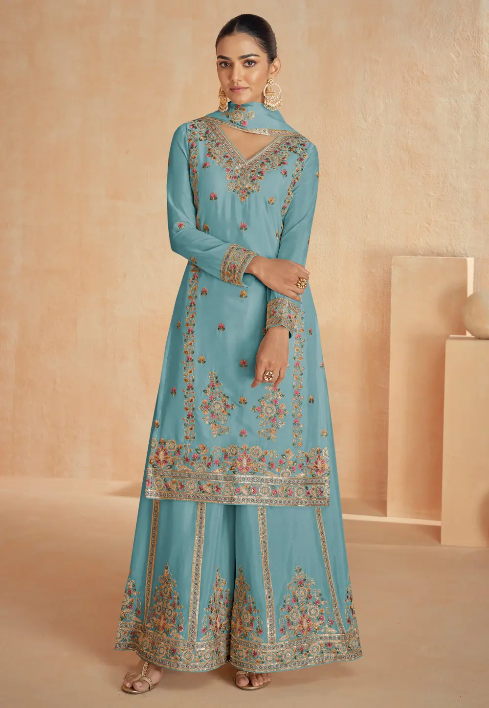 Sky Blue Chinon Silk Pakistani Suit 297444