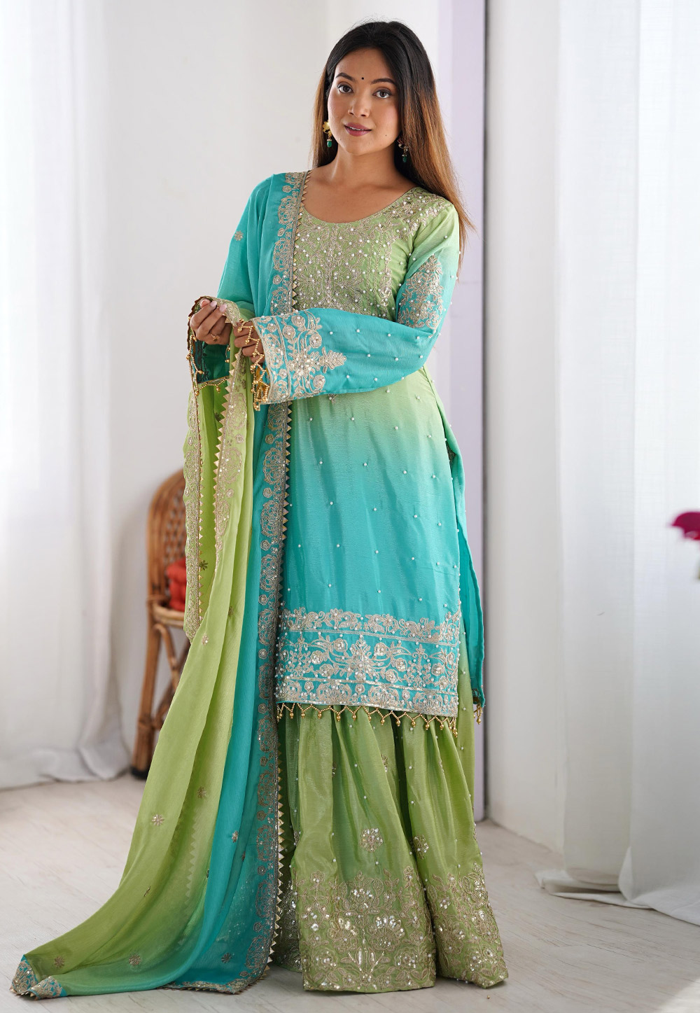 Sky Blue Chinon Silk Readymade Gharara Suit 310720