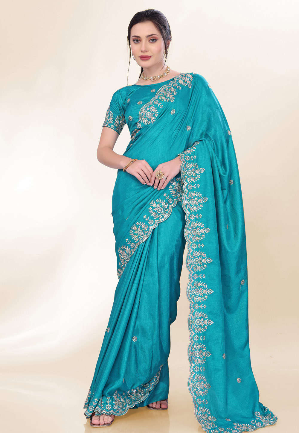 Sky Blue Chinon Silk Saree With Blouse 305689