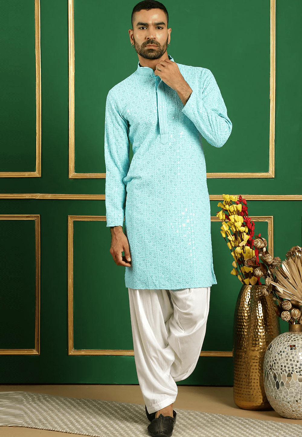 Sky Blue Cotton Dhoti Kurta 287632