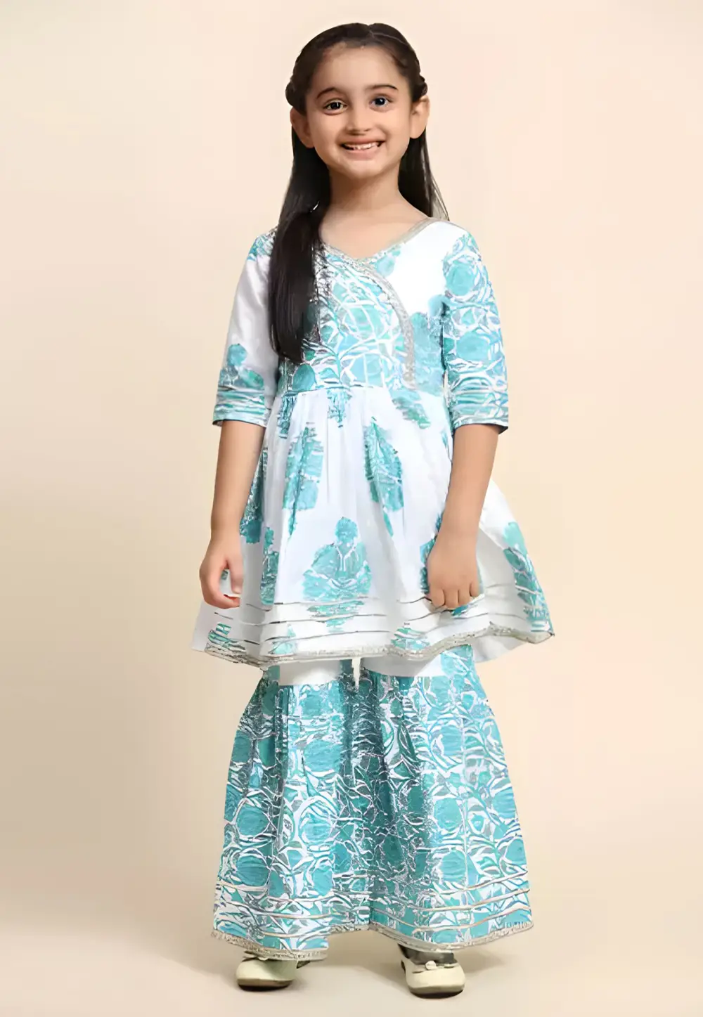 Sky Blue Cotton Kids Sharara Suit 296597