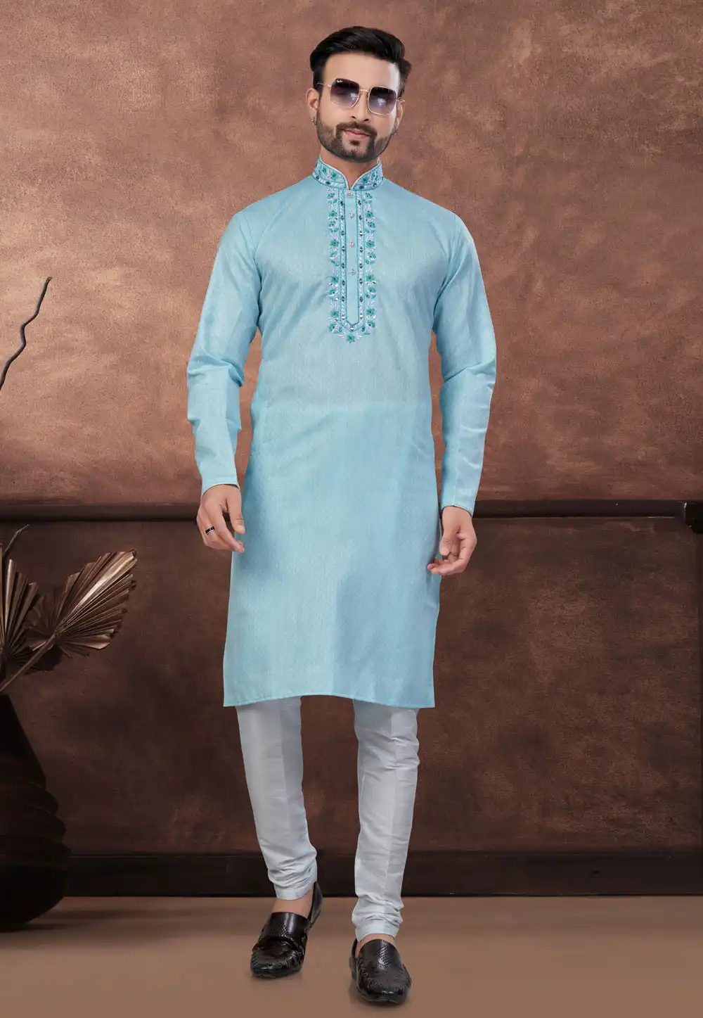 Sky Blue Cotton Kurta Pajama 294631