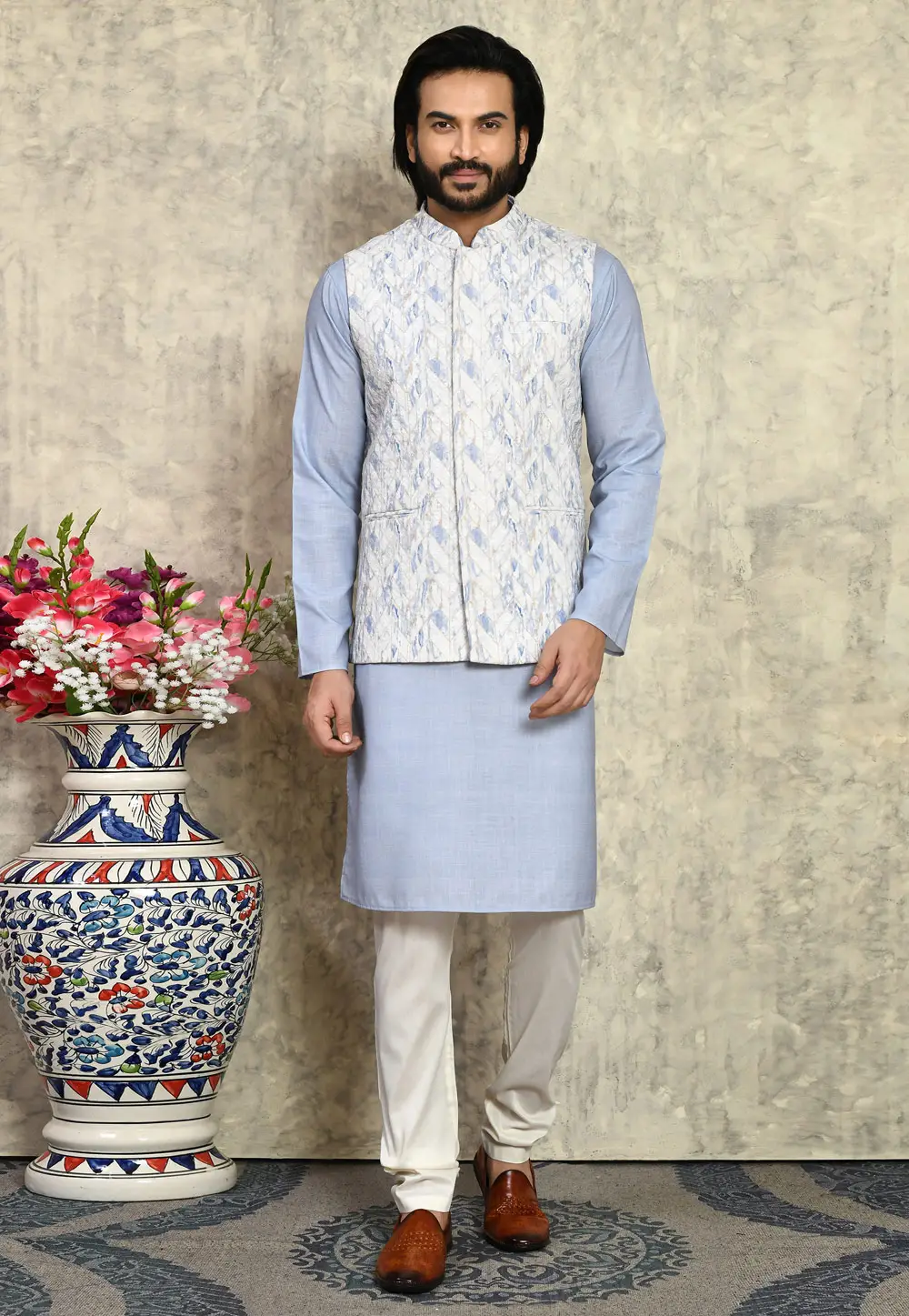 Sky Blue Cotton Kurta Pajama With Jacket 295428