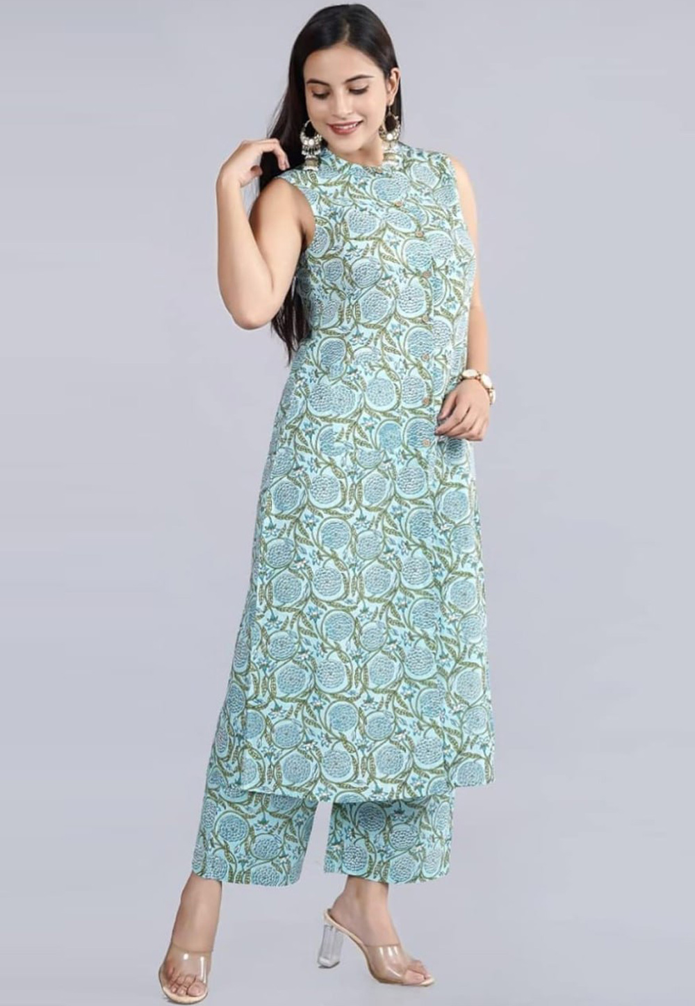 Sky Blue Cotton Kurta Set With Palazzo 309050